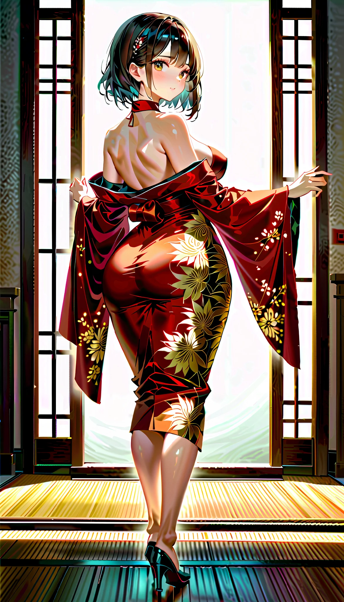 (masterpiece:1.3), (8K, Realistic, RAW Photos, Best image quality: 1.4), (((full body))), (((Absolutely shoulder-length brown straight short bob))), raw photo, Japanese, (1 Girl), beautiful girl, 1 girl, Half Japanese and half Korean, Big Breasts, 
Sexy back, Attractive woman in traditional Japanese kimono, alone, Strapless off-shoulder kimono, Dark brownish black hair, Detailed and realistic skin texture, High contrast attractive skin tones, Captivating soft make-up, 
BREAK Luxury Japanese Kimono, Detailed silk texture, Silk luster, Fine and supple, Vibrant colors, Skin tension that accentuates cleavage, 
BREAK Gorgeous patterns on kimonos, Detailed and intricate coloring, Aesthetic high contrast, Healthy Skin, 
BREAK A bold composition that seduces the viewer, Absurd aesthetics, 
BREAK Full Body Shot,