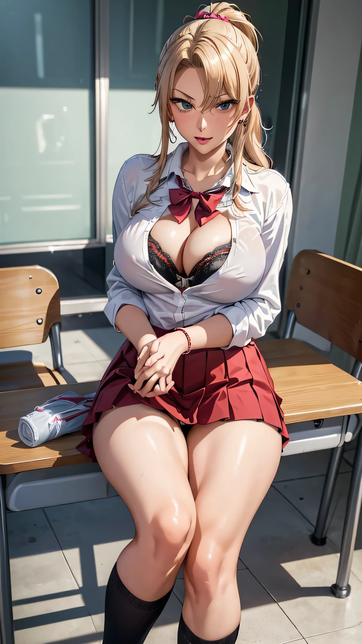 kitagawa marin,neat blouse,white blouse,in the classroom,pleated skirt,short skirt,high school girl,18 years old,blonde hair,long hair,(large breast:1.8),((masterpiece)), (detailed), perfect face,reflective skin,white socks,spread legs,raise up legs,show panties unintentionally