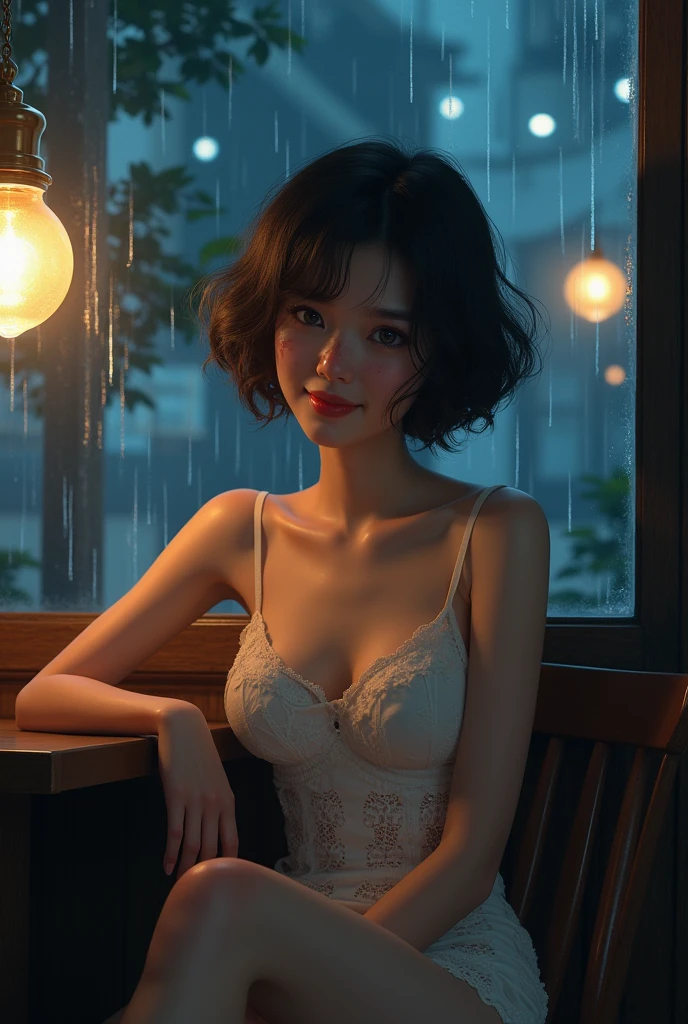 (8 thousand, Best Quality , Masterpiece :1.2), (actual, photo-actual:1.37), super detailed ,((( 1 girl))),Solitary, beautifully detailed sky , detailed cafe ,the night,Sat down,dated,( red and swollen nose ),(smiling:1.15),(Keep one's mouth shut) little breast , beautiful eyes ,(The shirt:1.1), the night, Wet with, rained,white lace chemise, ( short detailed hair :1.2), beautiful hair novafrogstyle , ((full bodyesbian)),standing on your feet, sexy for, cute big breasts