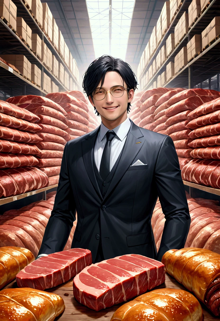 of a guy, Oily hair, gold-wire glasses, In black suit, smiling, with short black hair, in a huge warehouse, Pile up with meat, Highly realistic, hyper HD, Light and dark contrast method , The is very detailed
