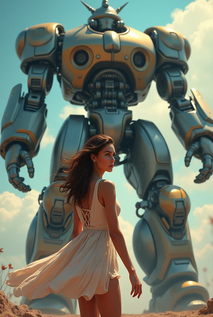 A woman in a dress stands in front of a giant robot, Don Mitz, portrait of sofia vergara, Promotional Art, attractive brown hair woman, Retropunk, The main character in the foreground, Inspired by Louis Paul, mechanic, anime visual of a young woman, Compute Shaders, Inspired by Donato Giancola, youtube thumbnail, Chrome Art  