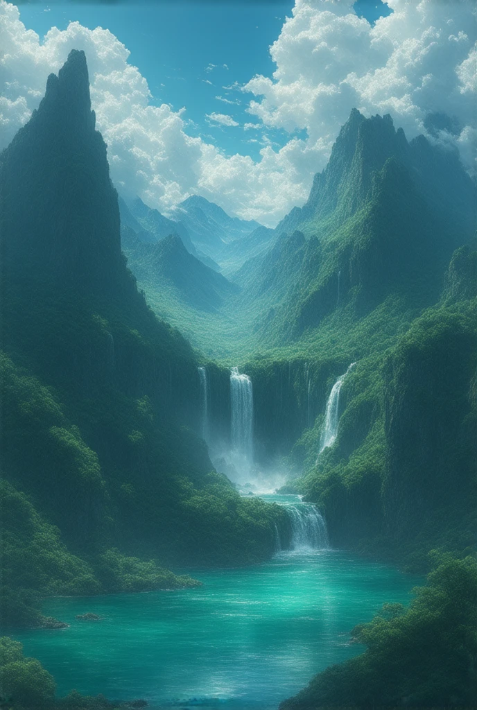({{hight resolution,}},masterpiece,A highly detailed,top-quality,8K)云, skyporn, Scenery, day, Blue_skyporn, mont, 云y_skyporn, Outdoors, Waterfall, fantasy , Horizon, cliff, Rock, Water, landscapes, montous_Horizon, ocean, tree, River, floating_sima