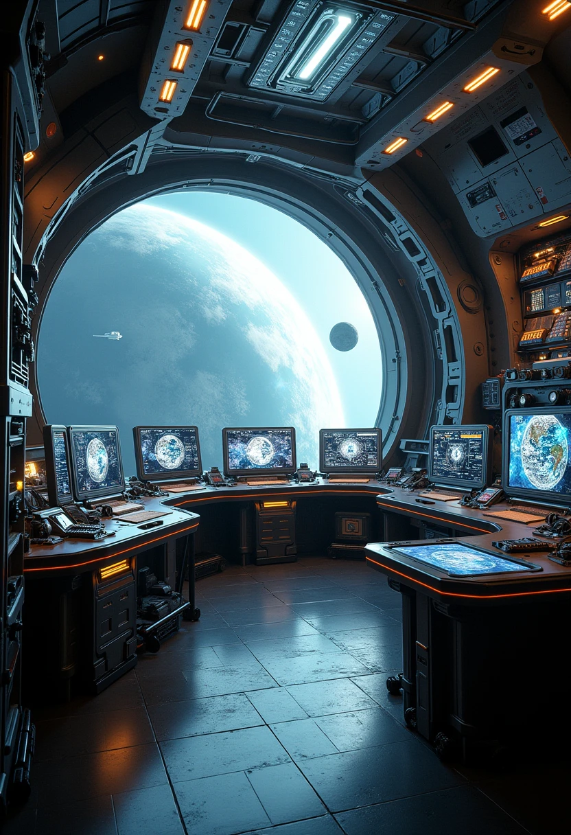 exterior of spaceship. Through the window you can see the scenery of alien planets, The entire space is filled with workbenches with electronics and screens, Full-HD