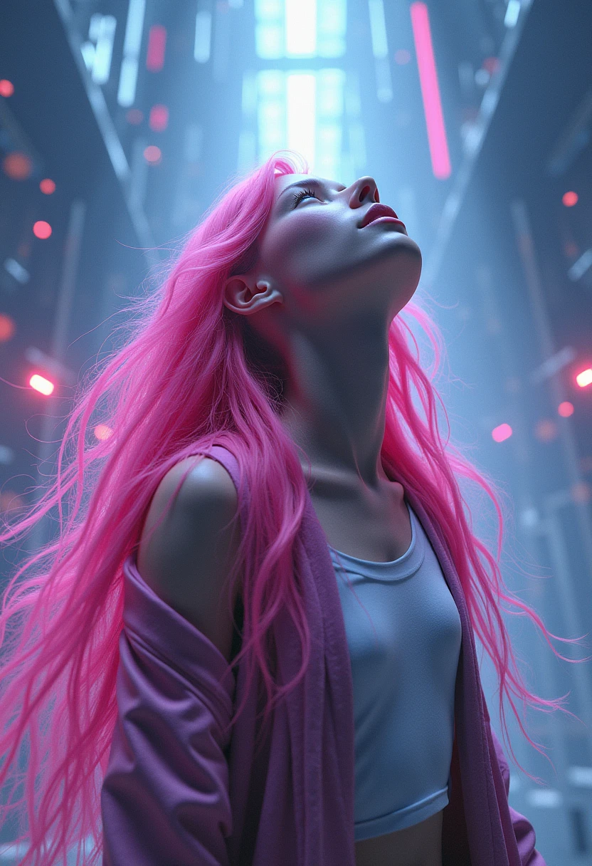 Cyberpunk, Pink hair, A futuristic, Surreal, ultra-wide-angle, wide wide shot, head looking up, dynamic movements, Be expressive, with dynamism, holy cinematic rim, Laser Holographic