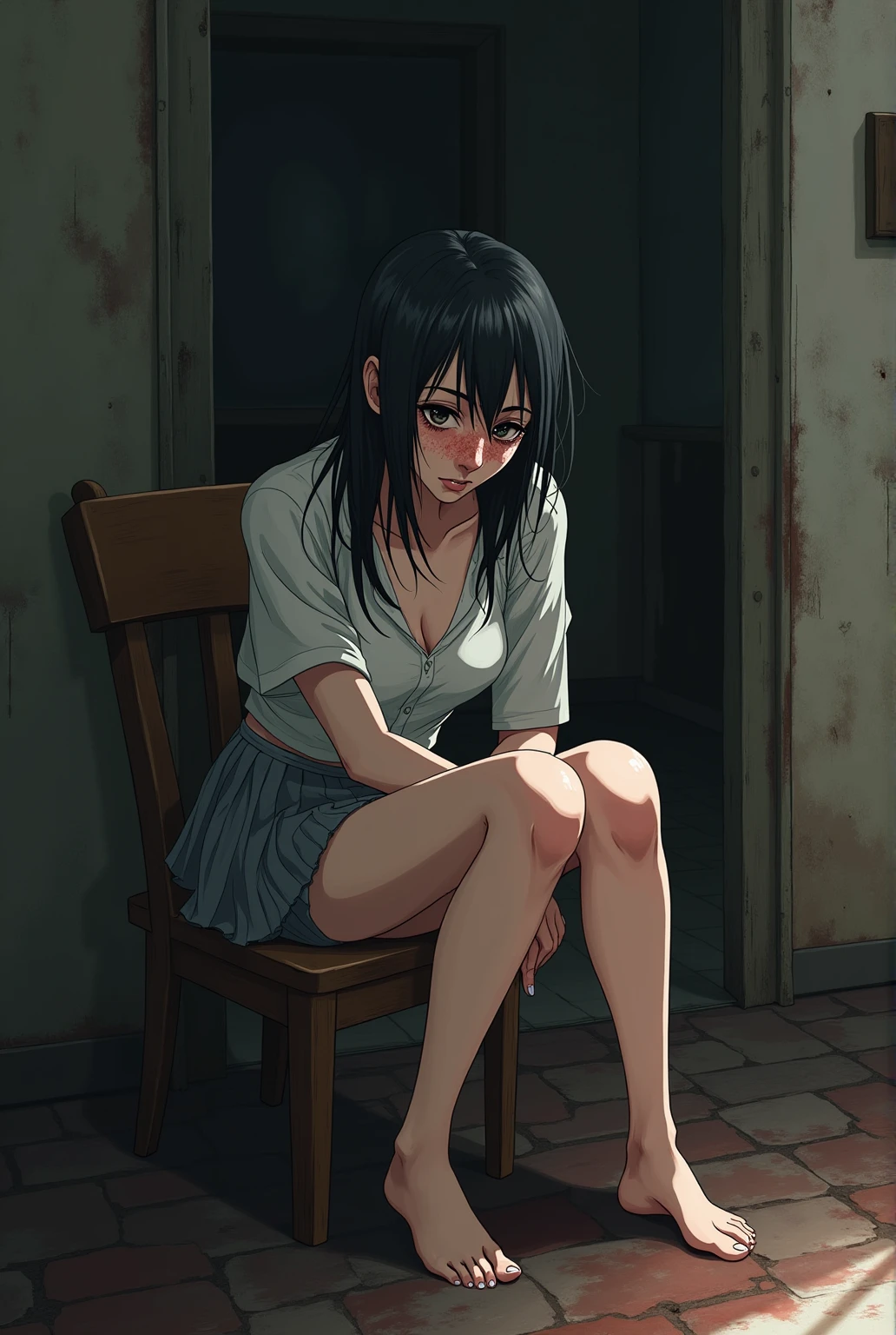 Arti Future Anime . bird's eyes view, Dirty Woman Sitting on a Chair in a Shabby House, Wet Messy Hair Covering Her Eyes , Delicate Tight Shirt and Pleated Skirt . vixip, closeup landscape, hurt. Freehand drawing, 灯光 , The is very detailed . The white, Brown, Red. perfect compositions, Masterpiece , Best Quality , 4K, sharp focus . Perfect anatomy.