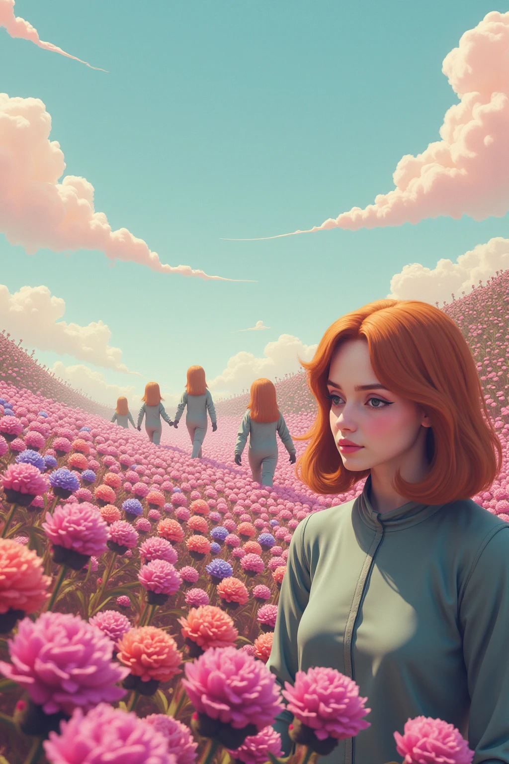 Astronauts walk in a sea of flowers dotted with pink clouds,lonely astronaut,Astronauts cannot leave the planet,Astronauts are lost in the boundless space.