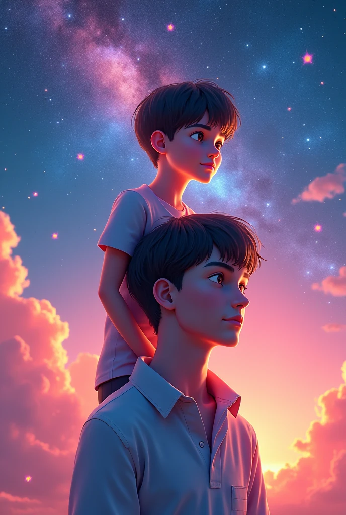 Masterpiece ,  Best Quality ,  Extremely detailed CG Unity 8k wallpaper, paper cut out, ( delicate face ),  delicate eyes , Bright sky nebula, 2 people, Idade: 16, One person standing on another's shoulder