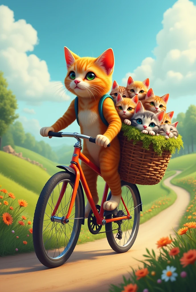 make a picture of a cat riding a bicycle carrying 100 kittens