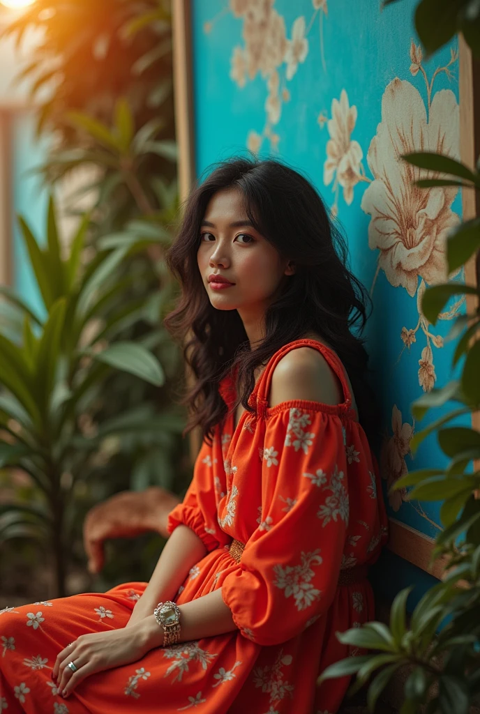 Young woman sitting in chair in front of the wall,Draw a tree, In front of a carved screen, an aesthetic!, photoshoot, with backdrop of god rays,