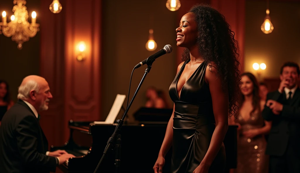 jazz Singing while playing the piano、Black female musician in a blue dress
