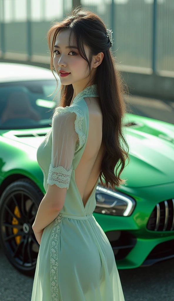 (((best quality))), (((ultra detailed))), (((masterpiece))), illustration,In the midst of a summer auto show, a beautiful car model stands next to a stylish, newly released automobile. The convention center is bustling with people, the air thick with excitement and the scent of rubber and leather. The room is adorned with opulent decorations. The car model has long, flowing chestnut hair and piercing emerald green eyes. She has a flawless complexion with a hint of rosy blush on her cheeks. She's dressed in a sleek, curve-hugging cherry red dress adorned with black lace. Her demeanor is poised, and she exudes confidence and allure. The auto show is vibrant and alluring, a testament to the charm of summer,cyberpunk style