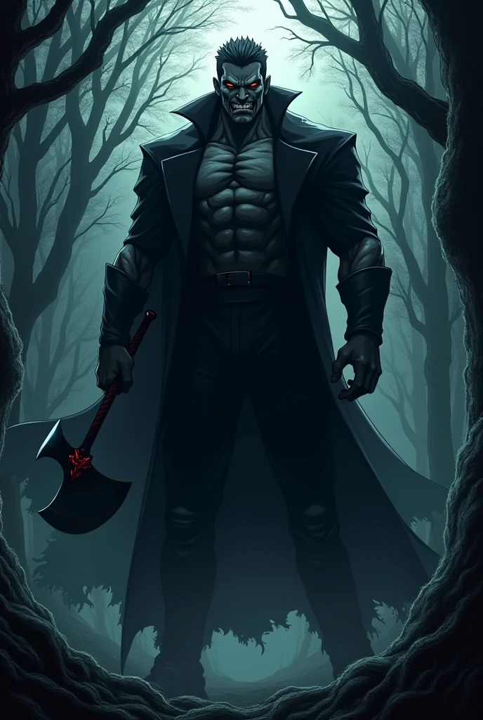 Make a Black Man, muscular and big, wearing black pants and shirt, a black cape, low top hat , background of a cemetery at night illuminated by the full moon, skull cane