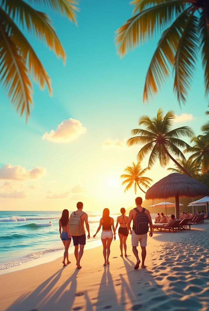 a lot of people dressed only in swim suits, looking on smartphones on beach, water, sitting, standing or laying, color, children, adults, man, woman, future times, child with smartphone in front of picture, sunny day, clouds, real photo