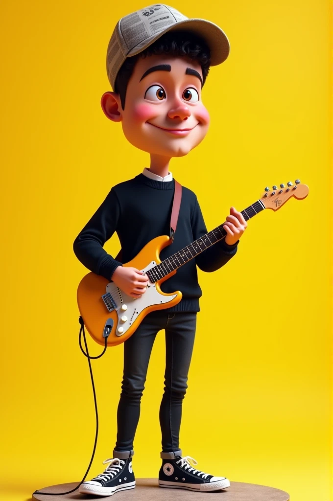 Caricature,realistic,  of a young man with a very large head,  short curls , tall slightly chubby ,  wearing a newspaper vendor hat ,  black sweater ,  slim black denim pants , Converse shoes,  standing while playing guitar ,  yellow background ,  looked close to the entire body 
