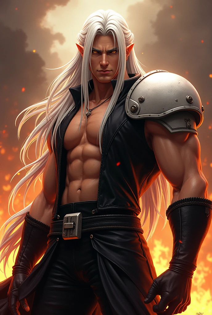Male, long white hair, red eyes, muscular, wearing lingerie
