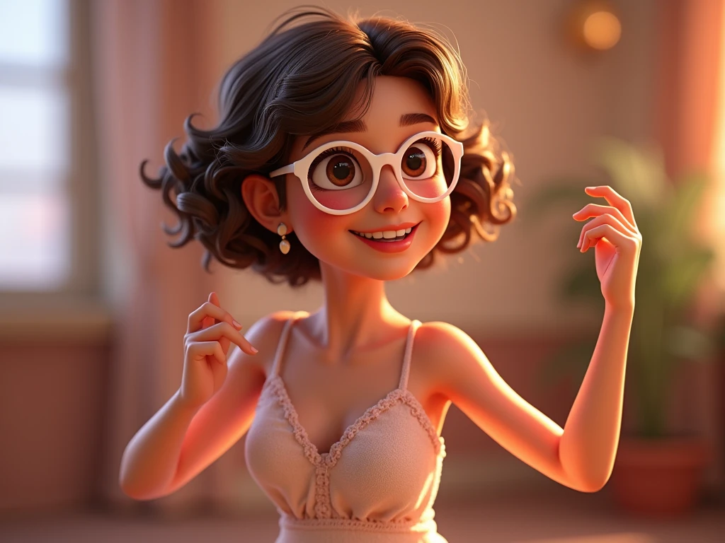 Imagem estilo pixar com 3D personagem óculos brancos mulher morena cabelo liso curto dançando, Disney makeup,fisherman, cute, smiling ,close up, pixar, Disney, Cinema lighting,