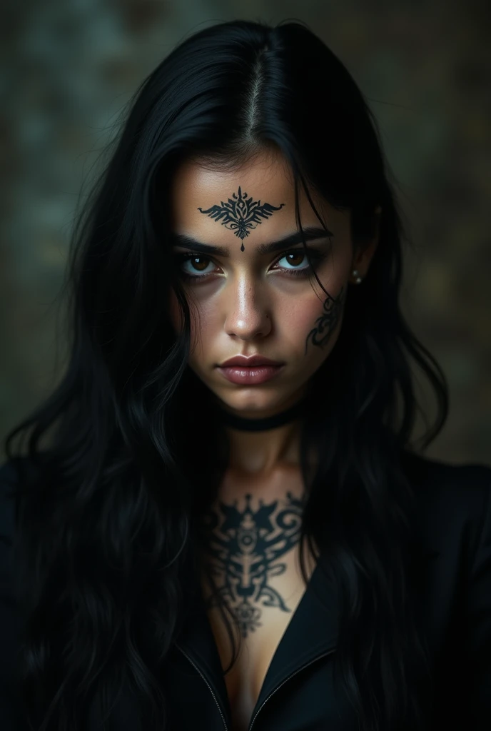 A half view portrait of a toned female the tattooed character, long black fantasy hair, detailed, vivid, bronze rustic filter effect, a toned and well-defined physique, intense red eyes, epic battle scars, tan skin, divine complexion, and dark hair emanate a powerful aura, cinematic focus, high-definition, high-resolution, Unreal Engine 5, 8K resolution, incredibly highly detailed visuals