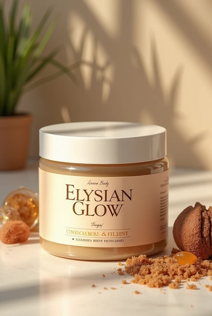 biodegradable jar for a body exfoliant product name elysian glow the product is made with brown sugar ,coffee,sea salt and honey.in the jar the brand name should be included