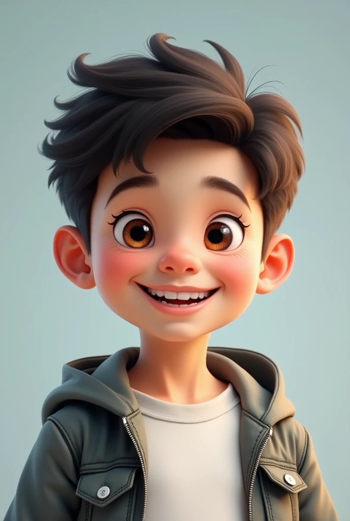 Generate an image of a handsome young boy with a bright and cheerful expression. He should have short, dark hair and clear, bright eyes. The boy should be smiling, dressed in a casual, modern outfit, and have a youthful, energetic appearance. The background should be simple, with soft, natural lighting to highlight his features