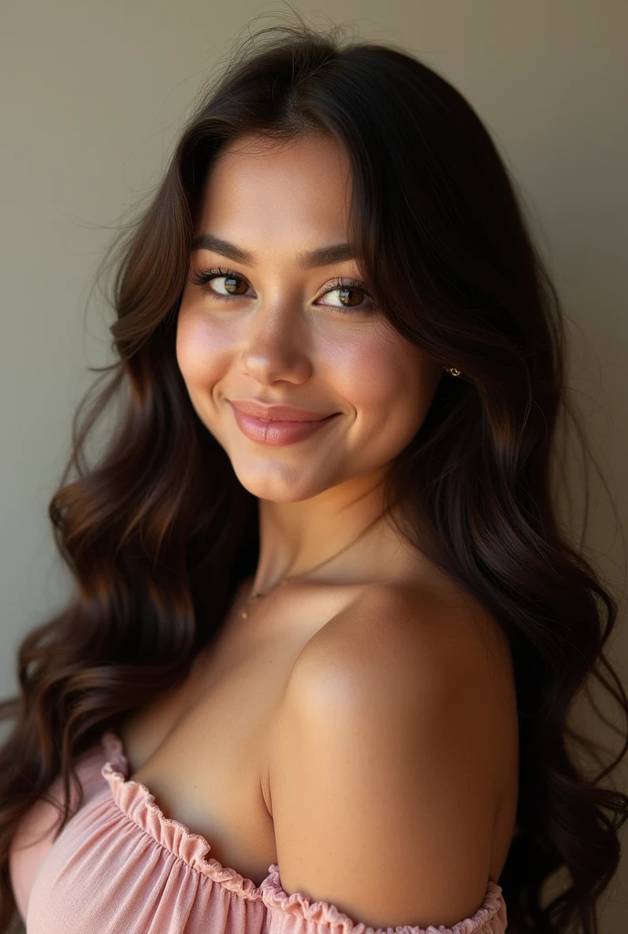 26 year old Latina glamor model, detailed eyes, eyelashes, forehead, long wavy hair, brown hair, looking at viewer, smile, full face only
