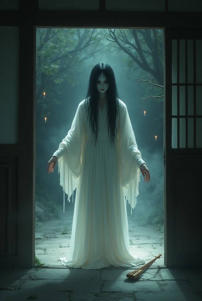 japanese ghost, girl, Torn and dirty white costume、A Buddhist altar in a dark Japanese house、Buddhist altar、Remains、withered flowers in a vase、Black Mist、Angry expression、Transparent body line、Dust is flying、Broken tatami mat、photoRealstic