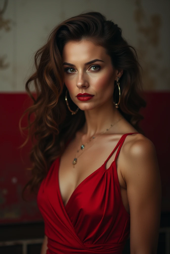 CRIE UM PROMPT VEJO ESTA LINDA GAROTA COM BATOM VERMELHO EM SEUS LABIOS CARNUDOS COM UM TOM SUAVE ,E OLHAR ATRAENTE