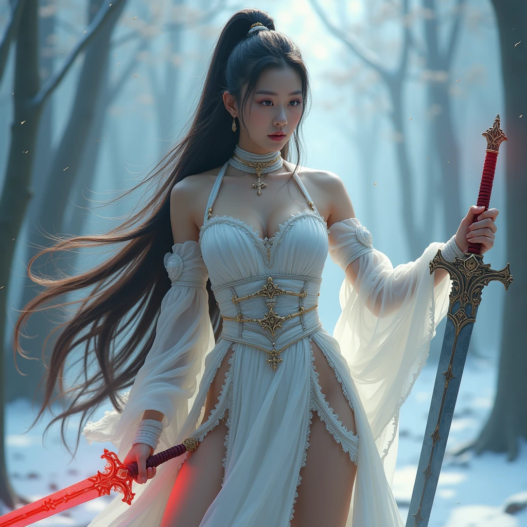 Girl with sword，Simple lines，Light underwear，（transparent），The chest is faintly visible，Cleavage，Minimalism，Holding a red long sword，