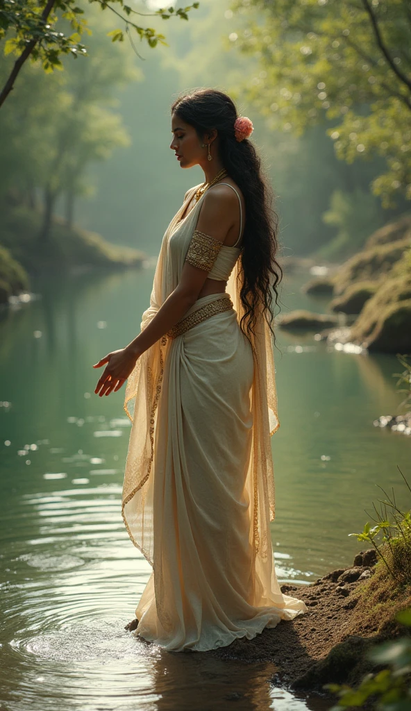 a beautiful goddess radha, detailed face and eyes, long flowing hair, intricate jewelry, standing in a lush green village, serene pond, rolling hills, warm golden lighting, cinematic composition, highly detailed, masterpiece, vibrant colors, photorealistic, 8k