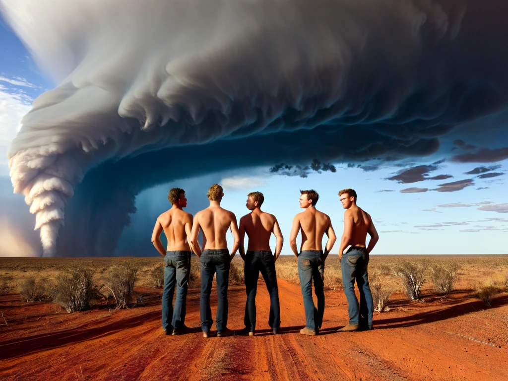 Four very attractive 21-year-old Australian men stand in the vast Australian outback, their slim yet defined bodies accentuated under soft lighting. They have no tattoos, no facial hair, and short hair on the sides with slightly longer hair on top. Viewed from behind, their entire bodies are shown as they look out into the distance, where a massive tornado swirls powerfully against the horizon. The environment features the iconic dry, red earth and sparse vegetation of the outback, with the vast sky dominating the scene. Rendered in the style of a mural, the image captures intricate textures and dramatic depth, presenting a wide-shot perspective that conveys the immensity of the setting and the power of nature.