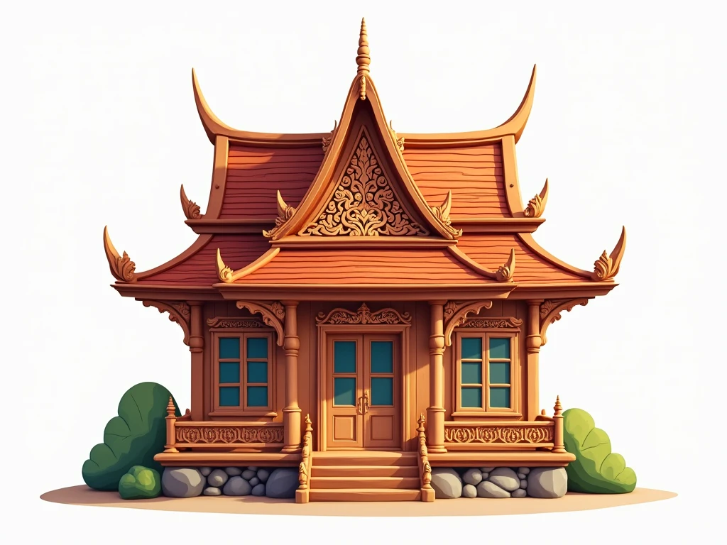 thai anceint wooden house in cartoon no people no background