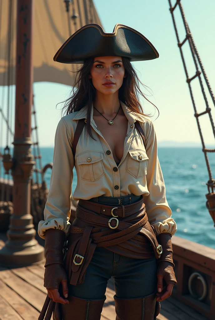 A fashion model dressed in a detailed and stylish pirate costume poses confidently on the set of 'Pirates of the Caribbean.' Her outfit includes a tricorn hat with a feather, a fitted leather vest over a billowy white shirt, high-waisted trousers tucked into tall, weathered boots, and a decorative sash tied around her waist. She holds a cutlass at her side, ready for adventure. The background features an impressive, old pirate ship cruising on the vast, open ocean under a dramatic, cloudy sky, with the ship's sails billowing in the wind and the waves crashing against its hull.