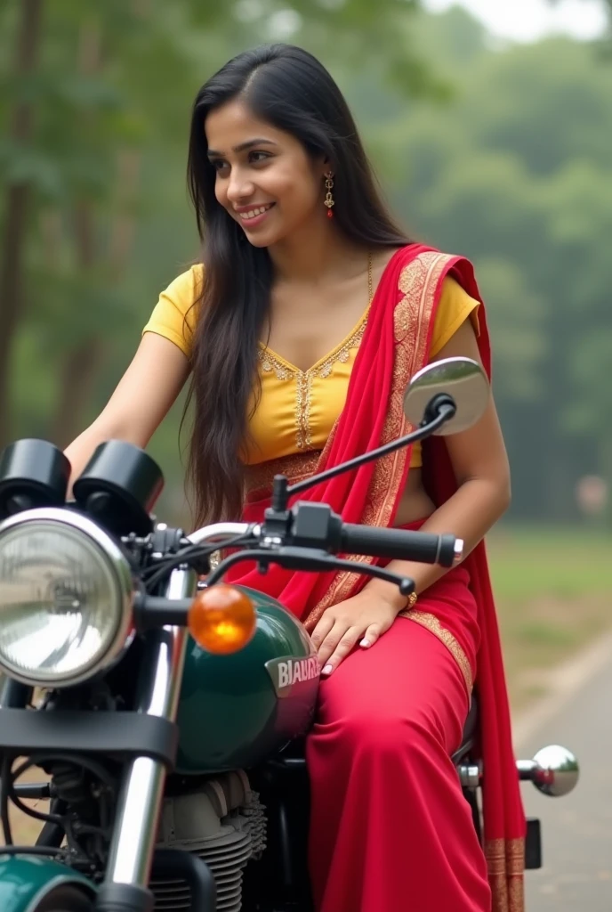 Blonde woman with blue eyes and pale skin as south indian bride in red golden saree with gold jewellery Ride bullet bike in road in saree