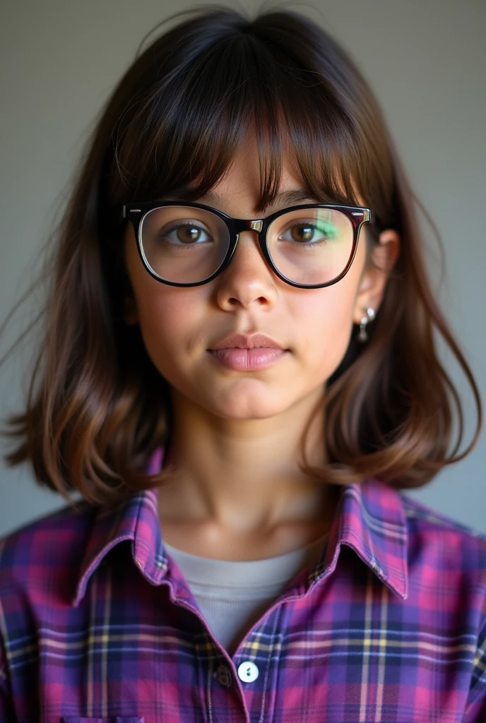 A boy with red hair reaching her ears and brown eyes , wearing a glasses , and wearing skirt
