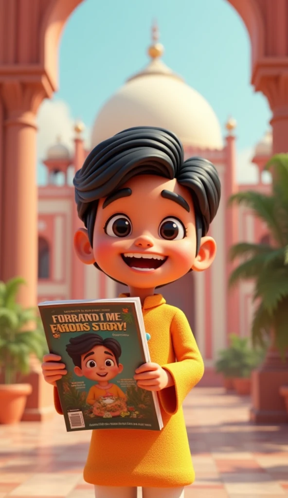 Muslim anime boy with little beard and moustache transparent blue glasses and fully smile with black pant and bottle green full shirt background in Taj Mahal