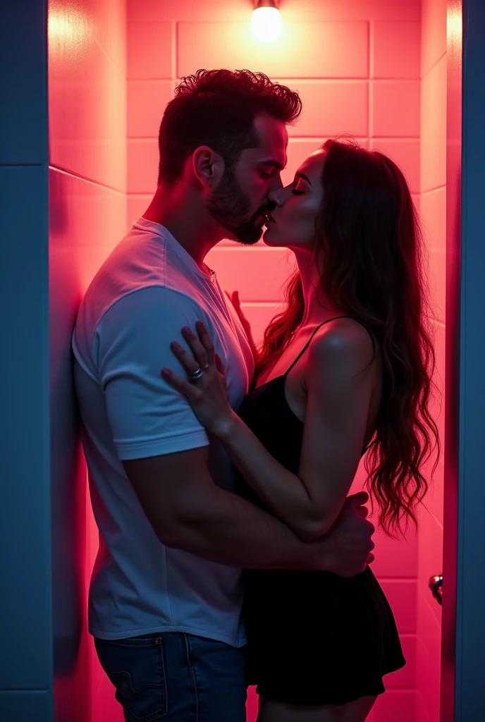 Magnificent detail, 8K Photos, hyper- realism, realistic background, visual depth, wide angle lens, professional light. A couple making out in the seat of a narrow cabin, dark with red light. The woman looks into a dark glory hole measuring 5cm in diameter, with an expression of expecting some surprise to come out of there. She wears lingerie, without bra. The man is shirtless.