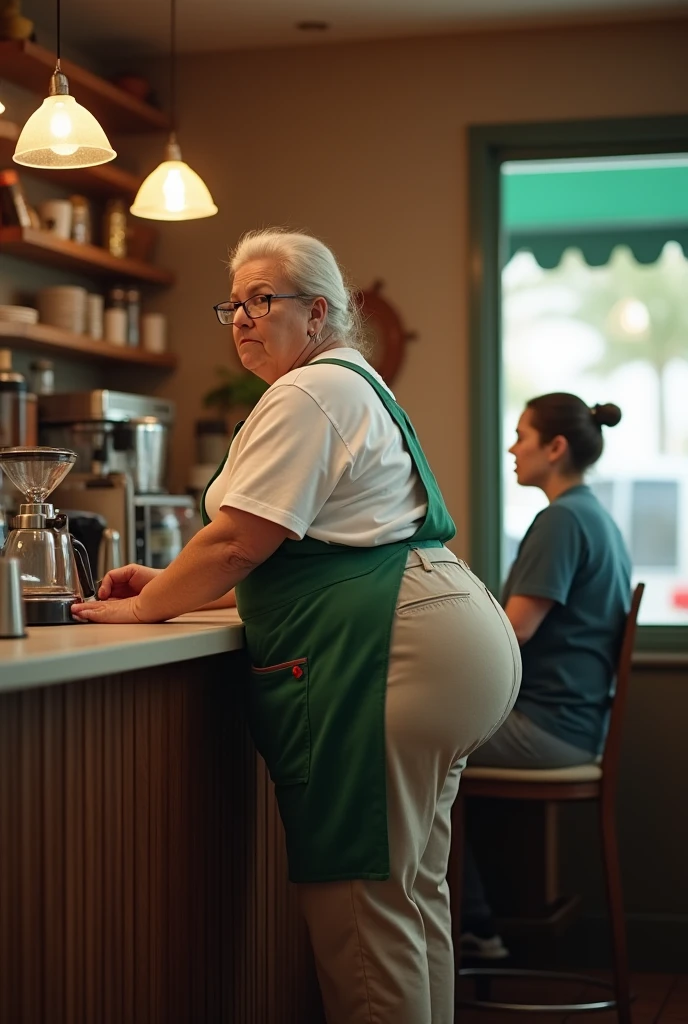 A middle-aged woman mops the floor in a restaurant