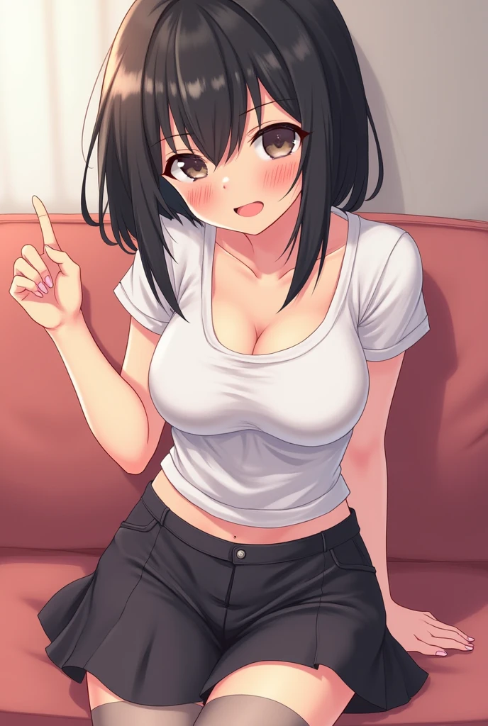 Tan skin、17 years old、high school girl、hair is black、shortcut、full of energy、tanned skin、summer clothes、room at home、smile、sexy pose、chest is big