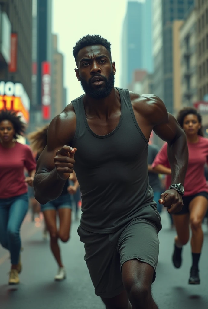 Mixed race man running in white underwear on a busy street, running away from the cops.