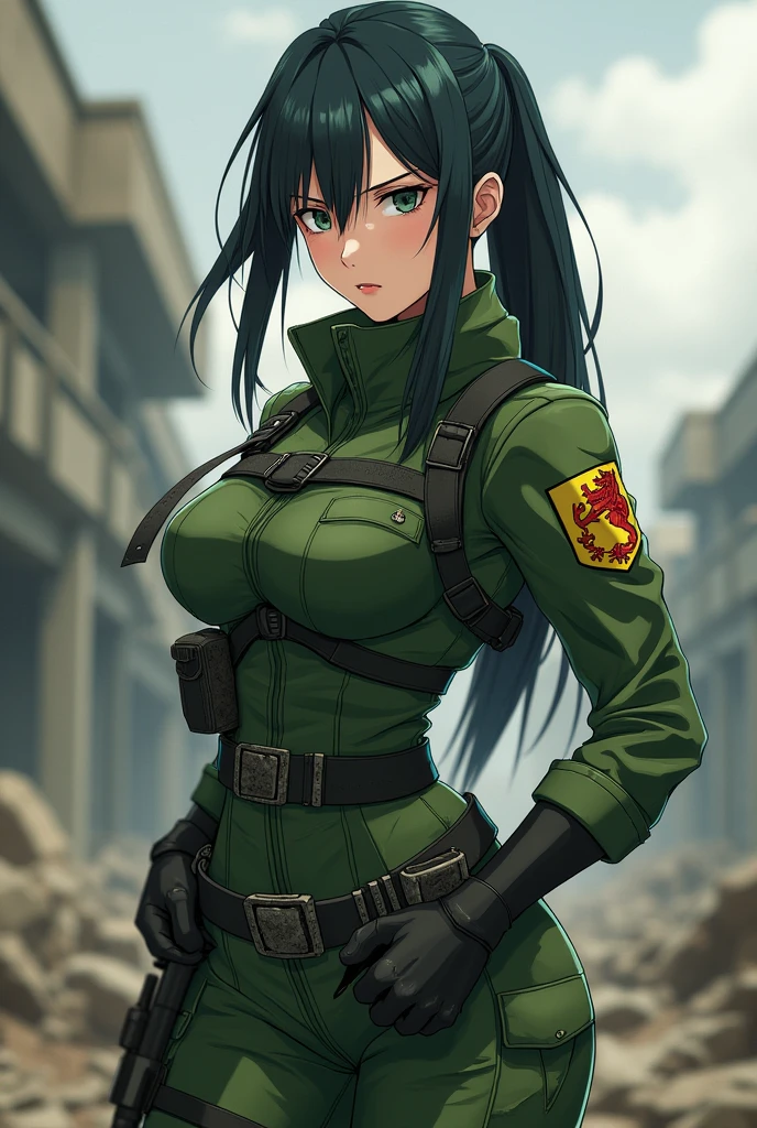 hand drawing style, extremely detailed, (illustration), (anime:1.25), best quality, masterpiece, octane render, colorful, original, solo, (woman soldier, armored girl, bloody soldier, return blood:1.25), (portrait:1.125), (black jacket:), (folded ponytail:0.8) , (hair bun:0.55), black_hair, long hair, (disheveled hair), (upper body:1.2), black eyes, blue eyes, profile, woman standing in battlefield, red sky, outdoors, (Atey Ghailan:0.75), concept art, trending on Artstation, dynamic_angle