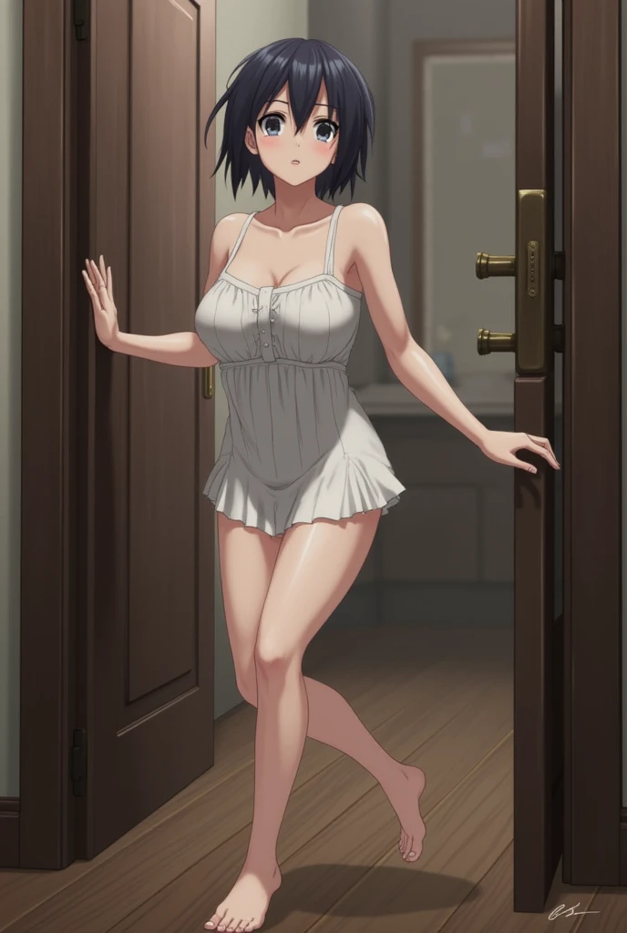 masterpiece, Highest quality, girl, maiis apron , Hair Ribbon,
(Mature Woman:1.3), Large Breasts,
short hair, Black Hair, blue eyes , :is,
river, flower、Sexy Underwear、topless