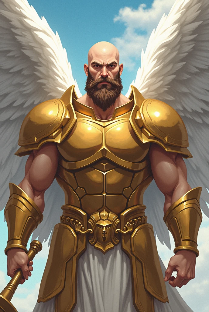 A short-haired, muscular man wearing leather armor with a full frontal view、Highest quality、With arms outstretched on the battlefield、It has large white wings、Pectoralis major、Abdominal muscles、Big macho man