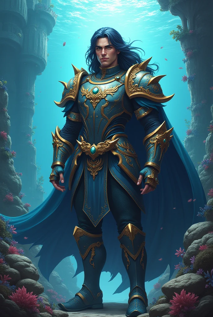 A mysterious warrior emerges from the depths of the sea in Atlantean armor, ready to defend his kingdom against any threat. His luminescent blue eyes reflect the power and wisdom of the oceans.