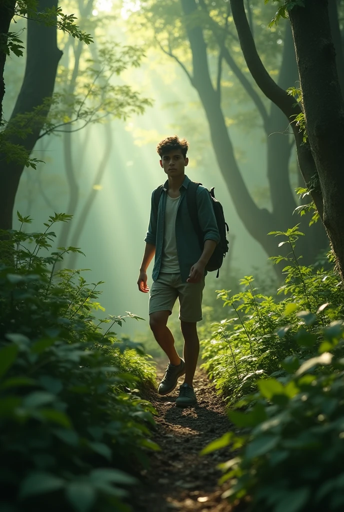 generate a master photograph describing a shapely Man, a peaceful forest scene with tall trees and dappled sunlight filtering through the leaves, (8K, best quality), he has a physique like Jun Shison, long sleeves, smile, brown hair, black hair, (hard chest, six pack, v cut), half body, walking along a forest path with a relaxed and content expression, wearing comfortable hiking clothes and carrying a small backpack, (He has sexy buttocks, Most sexy booty, Most sexy glutes), Manly, Mancore, (He has fit hips, sexy hips, sexy fit hips, extremely sexy hips), (asian skin, glistening skin, beautiful complexion), shot on Fujifilm superia, (Studio soft light, high detail, cinematic lighting, rim lighting), Style: (hyperrealistic, by DynastySeries FashionNova, photo, {{{masterpiece photography}}}, analog photograph, professional fashion photoshoot, trending on artstation, synthwave, krrrsty), Quality: (photographed, masterpiece, highest resolution), Definition: (highres, sharp focus, 8k uhd, ultra photo-realistic resolution), Film: (80 mm, shot on portra 120, shot on Fujifilm), Resolution: (extremely detailed, (sharp focus:1.5), cinematic lighting, dramatic lighting, ultra photo-realistic), luxury: mohawk hairstyle