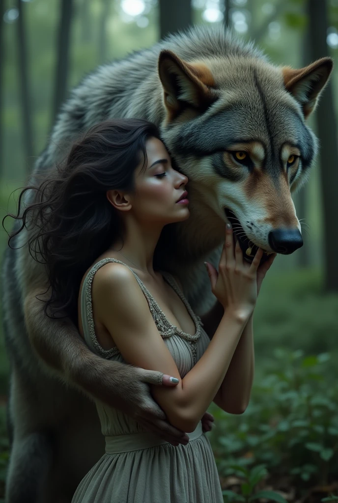 A hyper realistic, ultra detailed image of a husky, fat, (((((side view, feral, husky, stomach touching back, lying down, duo, human women, riding on back))))), realistic, detailed background, (saliva:0.8),