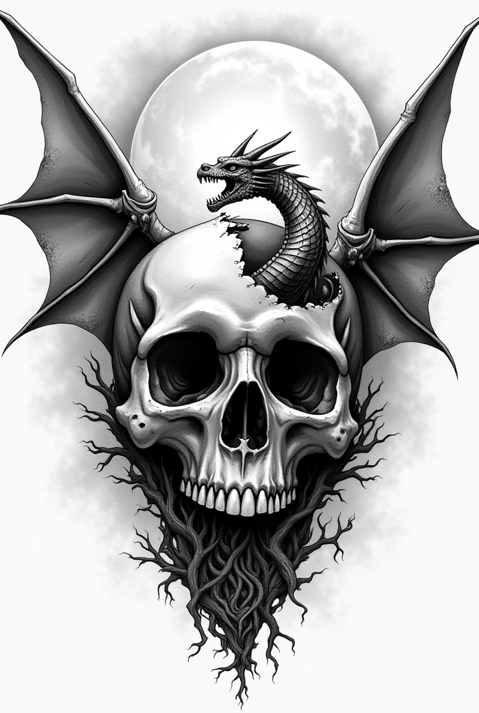 Create a sketch of a skeleton snake with hungry broken wings with a destroyed broken crown in black and white pointillism