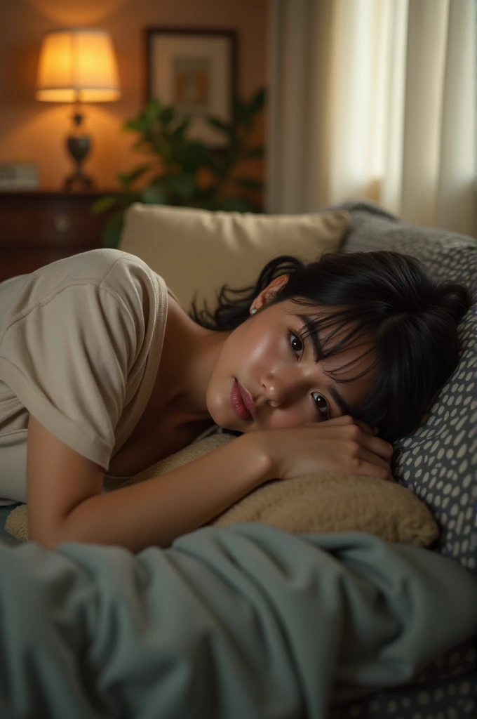 Photorealistic landscape photo of a young, skinny, naked, very sexy and elegant 21-year-old mixed race woman having sex on a bed. The background must be that of a living room