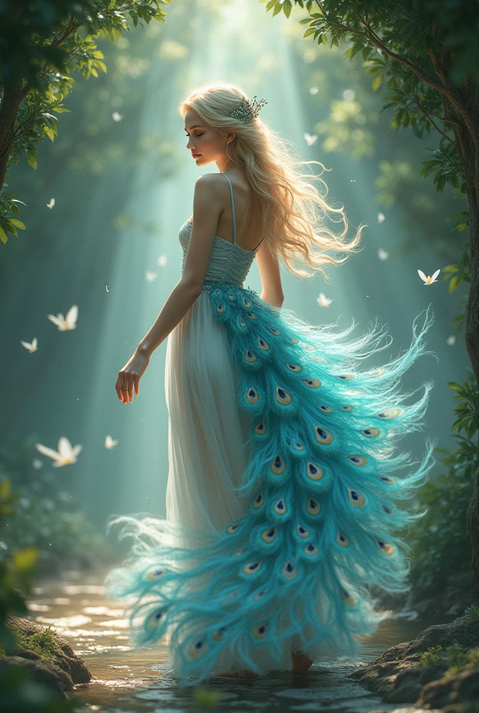A beautiful woman with a good figure, with a flower on her back and hair, a peacock's tail, and peacock-like feet, just like in Thai legends.