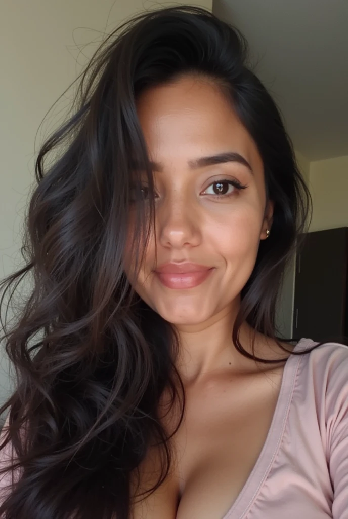 arab woman, curvy, blue eyes, black hair and big eyes, middle aged woman, natural makeup, Looking directly at camera, Face with Artgram, fine makeup, in the kitchen, chubby, plump, unique face, (detailed)