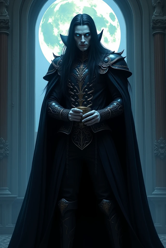  vampire king with his fangs outside, dressed in dark armor , pale with blue eyes , long black hair,  with a cup in his hands in front of a window reflecting the full moon