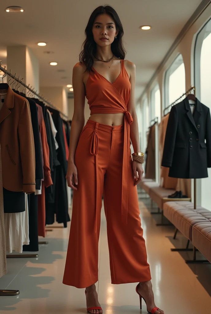 (RAW shooting, Photoreal:1.5, 8k, highest quality, masterpiece, ultra high resolution), perfect dynamic composition:1.2, Highly detailed skin and facial textures:1.2,beautiful and aesthetic:1.2, caucasian:2, standing:2, full body:2, shoes:1.2, necklace:2, Fair skin, (large breast:1.5, Chest gap:1.5),(1girl, tall, long legs, makeup:1.2, single braid, thicc tight:1.4, pink top:2,sleeveless:1.2,,red pants:2,belt:1.2),(simple background:1),